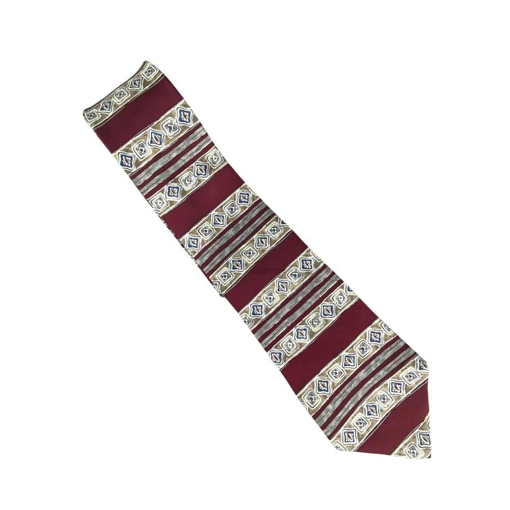 Barrington Mens Tie Burgundy Italian Silk Geometric Abstract Stripe Classic 57X4